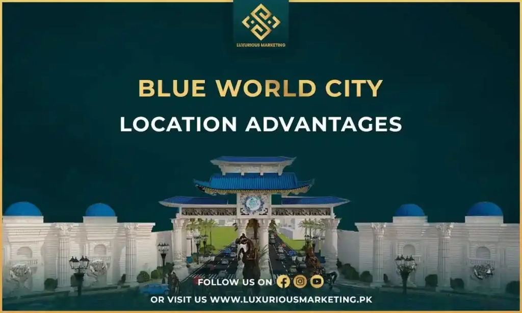 This is a blog banner image with title Blue World City Islamabad Location Advantages